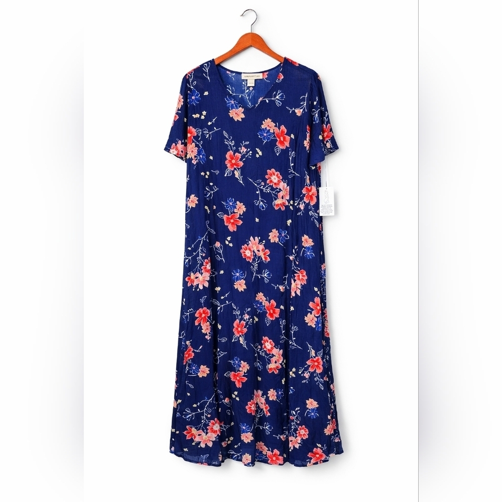 Woman Within 1X Petite Blue Floral Dress Midi Short Sleeve Rayon Plus - Picture 2 of 11